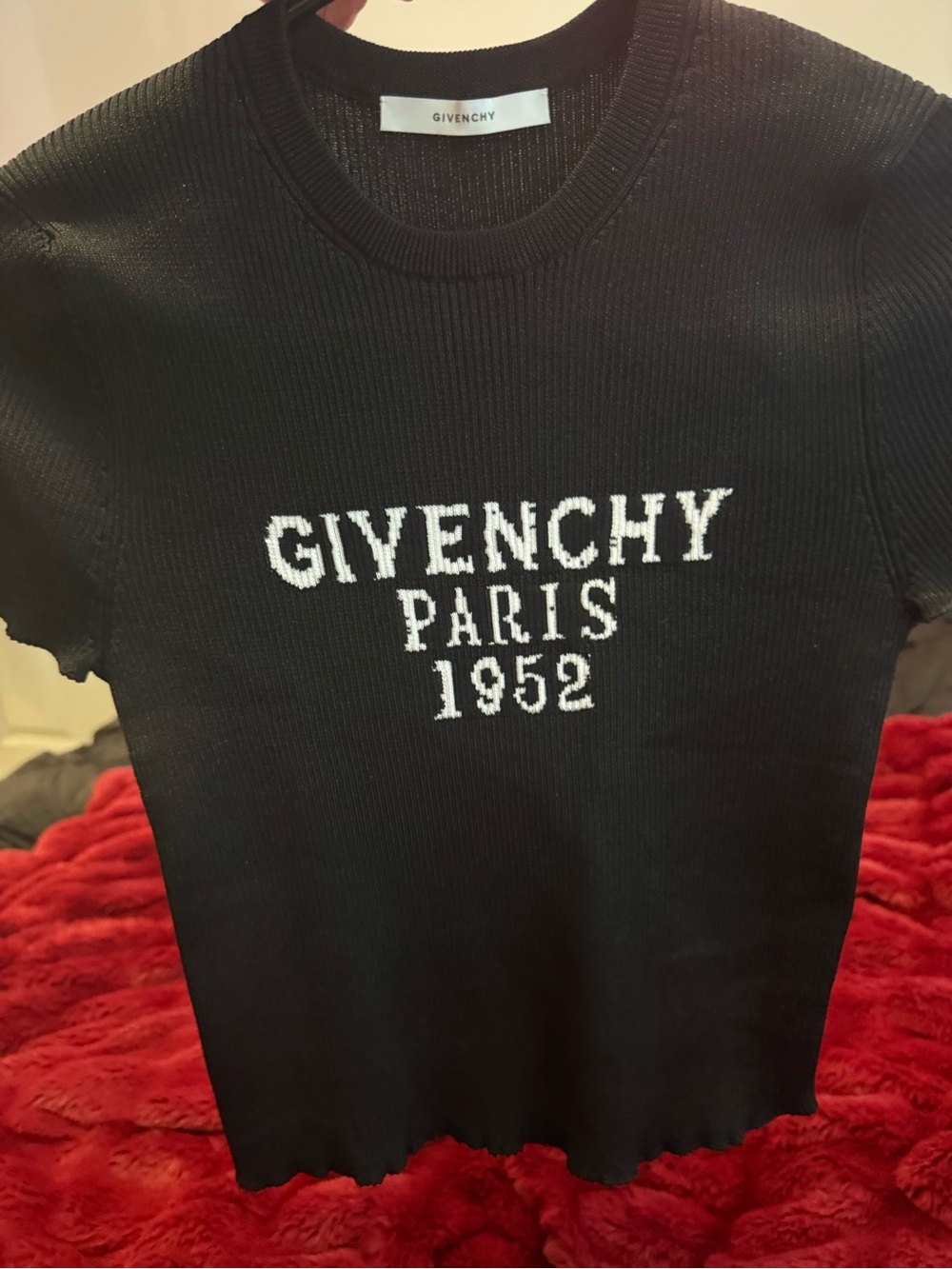 Givenchy Black Ribbed Crewneck Short Sleeve Sweater with White Logo